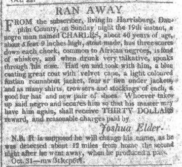 1806 advertisement from Joshua Elder for escaped slave Charles.